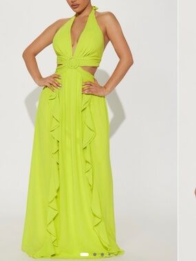 Neon Lime Halter Maxi Dress with Waist Ring